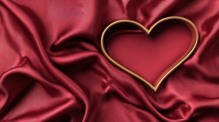 Luxurious golden heart frame placed on rich red satin fabric, creating an elegant backdrop ideal for festive typography and holiday messages.の素材