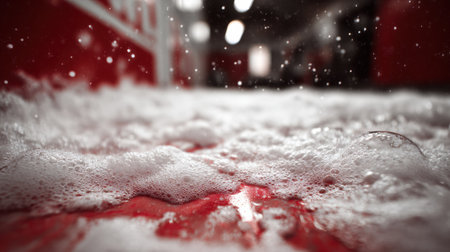 Foam from car cleaning products covers the garage floor, creating reflections under bright lights, with a clear area for spray packaging.の素材