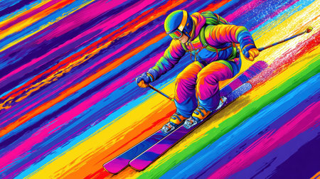 A skier dressed in bright colors navigates energetic slopes filled with dynamic lines and bold hues under a clear skyの素材