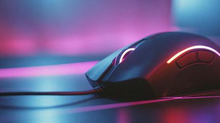 A sleek gaming mouse rests on a colorful RGB desk surface, set against a blurred gaming monitor, creating an immersive atmosphere.の素材