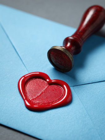 A blue features envelope a heart-shaped wax seal, holding a blank card inside for a heartfelt message, perfect for any occasion.の素材