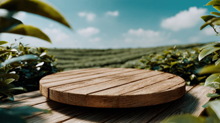 A wooden table top rests against a soft focus tea plantation with a bright blue sky and lush green foliage framing the scene.の素材