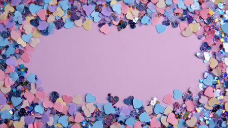 Floating confetti hearts create a colorful border around a pastel pink center, perfect for adding vertical typography or creative text.の素材