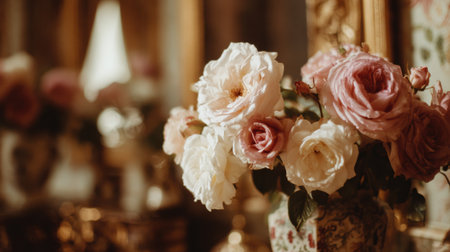 A card leans on a glass vase filled with colorful roses, with a blurred background creating a warm, inviting atmosphere.の素材