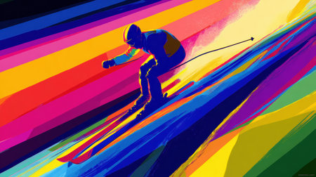 Colorful skier glides down vibrant slopes filled with bold colors and dynamic lines, showcasing retro pop art technique on a sunny day.の素材