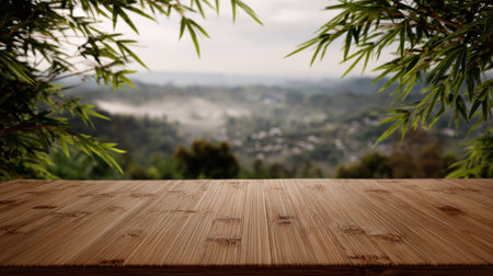A serene bamboo table overlooks a lush rainforest valley, surrounded by misty mountains and vibrant foliage.の素材