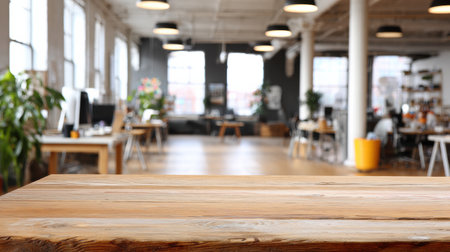 Brightly lit coworking interior features a clean product display table, offering a professional setting for startups and presentations.の素材