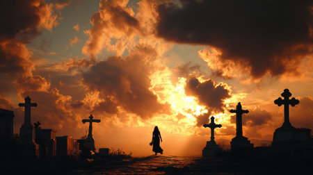 A silhouette stands among gravestones at sunset, evoking thoughts on life, death, and planning for future funeral needs.の素材