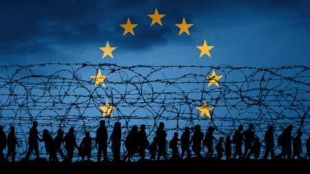 Barbed wire fence stands against the backdrop of a waving EU flag as silhouettes of people indicate the ongoing struggle for migration and safety.の素材