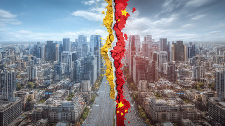 US and China flags displayed over a cityscape represent ongoing economic tension and trade disputes, highlighting a divided urban environment.の素材