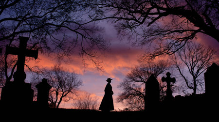 A silhouetted figure stands in a cemetery at sunset, evoking contemplation and preparation for future funeral arrangements.の素材