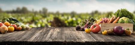 Colorful organic vegetables are showcased on a rustic wooden table, set against a softly blurred farm field scene.の素材