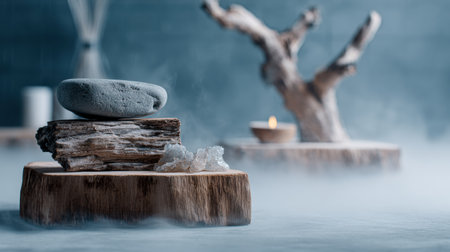 Natural wood podium features a tranquil arrangement of herbal spa items, creating a peaceful wellness environment enhanced by soft fog.の素材