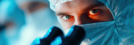 Medical experts in protective gear examine viruses through a microscope in a laboratory setting, highlighting critical disease control efforts.の素材