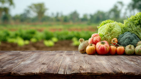 Fresh organic vegetables are artistically arranged on a wooden table with a blurred farm field in the background, ideal for packaging.の素材