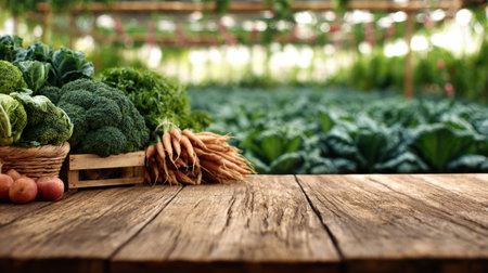 Freshly harvested organic vegetables are displayed on a rustic wooden table, with a vibrant farm field softly blurred in the background.の素材