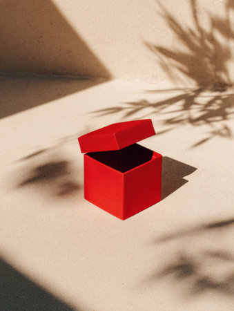 A minimal matte red box sits on a neutral beige surface, casting soft shadows for an elegant and stylish composition.の素材