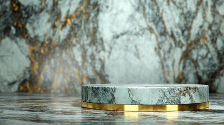 High-end pet accessories showcased on a marble podium, surrounded by a stylish and blurred luxury interior with shimmering gold details.の素材