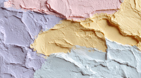 Delicate pastel colors blend together on a textured clay wall, showcasing soft shadows and a serene blank space in the center inviting creativity.の素材