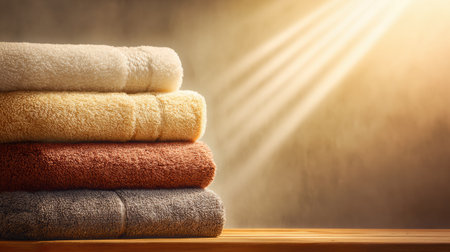 Soft towels in warm colors sit neatly on a beige podium, glowing under the gentle rays of indoor sunlight in a cozy space.の素材