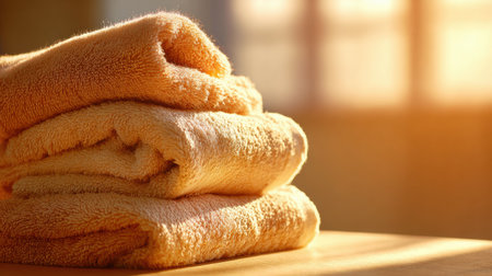Soft, fresh towels are neatly stacked on a beige podium, glowing in warm indoor sunlight during the late afternoon.の素材