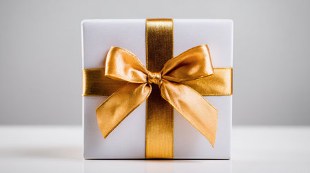 Clean white jewelry box with a shiny golden ribbon sits on a simple backdrop, creating a perfect space for personalized messages or designs.の素材