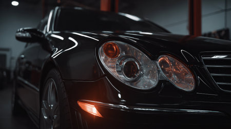 This display showcases a headlight restoration kit in a workshop setting with blurred surroundings and highlighted car headlights that need attention.の素材