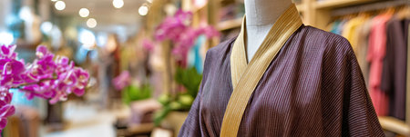 A spa robe is showcased in a chic boutique, highlighting its elegant design amidst a blurred backdrop of fashion items and flowers.の素材