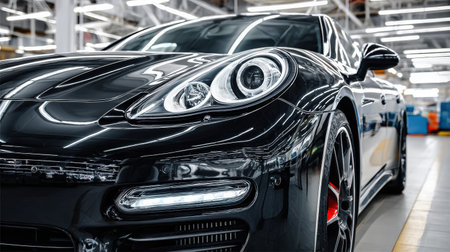Display of headlight restoration kit on a shiny podium with workshop tools blurred in the background, illuminated by focused lighting.の素材
