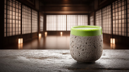 A beautifully crafted matcha drink sits on a stone podium, showcasing a tranquil Japanese tea room with soft shadows and warm lighting.の素材