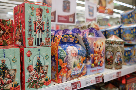 Colorful Holiday Gift Boxes Displayed on Shelves in a Busy Store During the Festive Shopping Seasonのeditorial素材