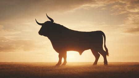 A bull stands tall against a sunset sky in the desert, showing the strength and significance of this symbol in ancient cultures.の素材