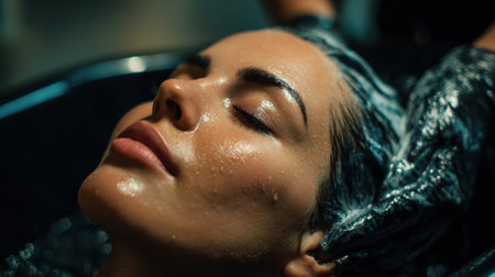 Washing hair and scalp in a sink at a beauty salon spa to improve hair health and prevent baldness. Client relaxes during treatment.の素材