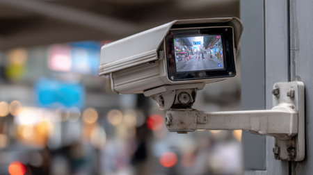 A CCTV camera shows a hacked feed with scrambling issues in a busy urban area, alerting to possible security problems during the day.の素材