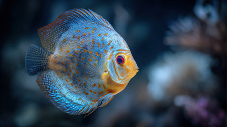 Colorful fish interacts with food in an aquarium. The underwater environment shows a blur that highlights the fishs movement and colors.の素材
