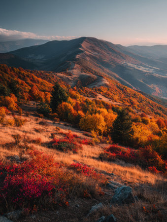 Colors of red and orange fill the hillside as the sun sets over the forest landscape. The scene shows natures beauty in autumn.の素材