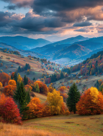 Colorful trees cover the hillside with various shades of red and orange as the sun sets behind distant mountains.の素材