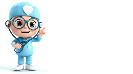 The mini doctor mascot holds a stethoscope and smiles, encouraging others to embrace health and wellness in a simple and fun way.の素材