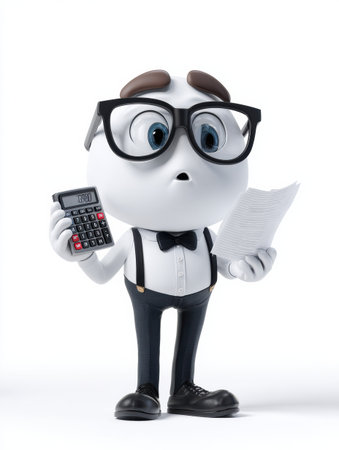 A mascot dressed as an accountant stands with a calculator in one hand and papers in the other, showing concentration in a blank space.の素材