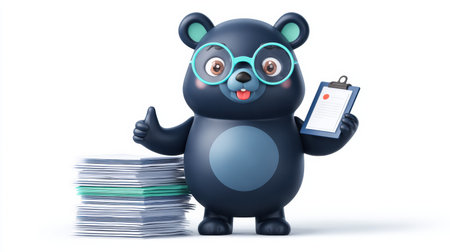 A finance advisor mascot stands with a clipboard and stack of documents in a blank background. The mascot gives a thumbs up sign, indicating approval.の素材