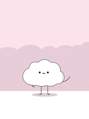 A chibi mascot with a cloud shape waves hello against a pastel background, inviting a friendly interaction. There is clear space for text use.の素材