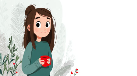 A wellness helper character smiles while holding a mug of herbal tea surrounded by green plants in a cozy indoor environment.の素材