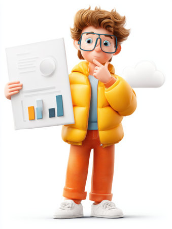 Data analyst mascot wearing glasses is holding charts with a thoughtful expression, set against a blank background with clouds.の素材