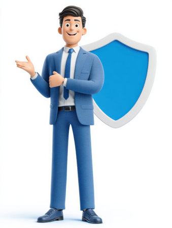 Insurance agent mascot stands smiling while presenting a protective shield symbol to highlight safety concepts in a simple setting.の素材