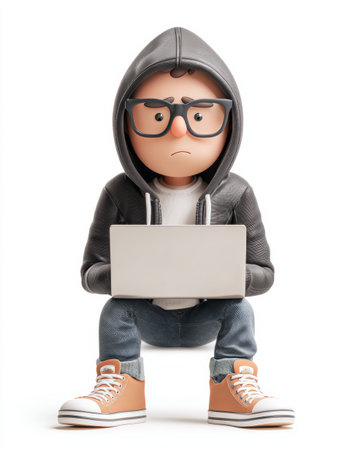 Mascot of a programmer sitting with a laptop shows concentration and dedication while coding in a bright studio environment.の素材