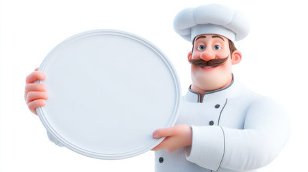 A cartoon chef stands with a plate in hands, ready to showcase a dish on a simple white background, inviting attention to the culinary art.の素材