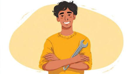 A technical support character stands with a wrench and smiles. The background is simple, focusing on the characters friendly expression.の素材