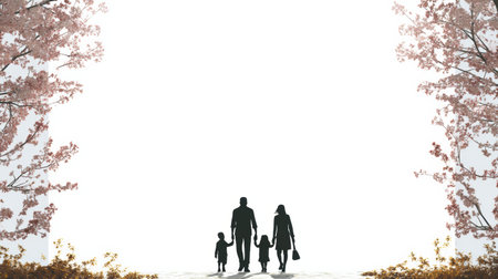 Family strolls down a spring park alley lined with blossoms while enjoying time together on a clear day.の素材