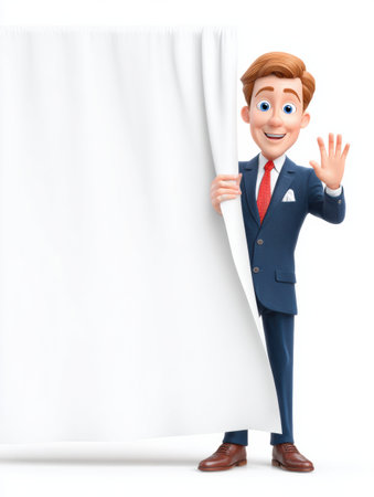 Startup founder mascot stands in a speaking pose while addressing an imaginary audience on a corporate stage.の素材