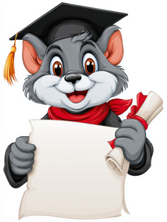 A graduation mascot with a cap and red scarf holds a diploma while celebrating a special occasion, ready for a joyful event with others.の素材